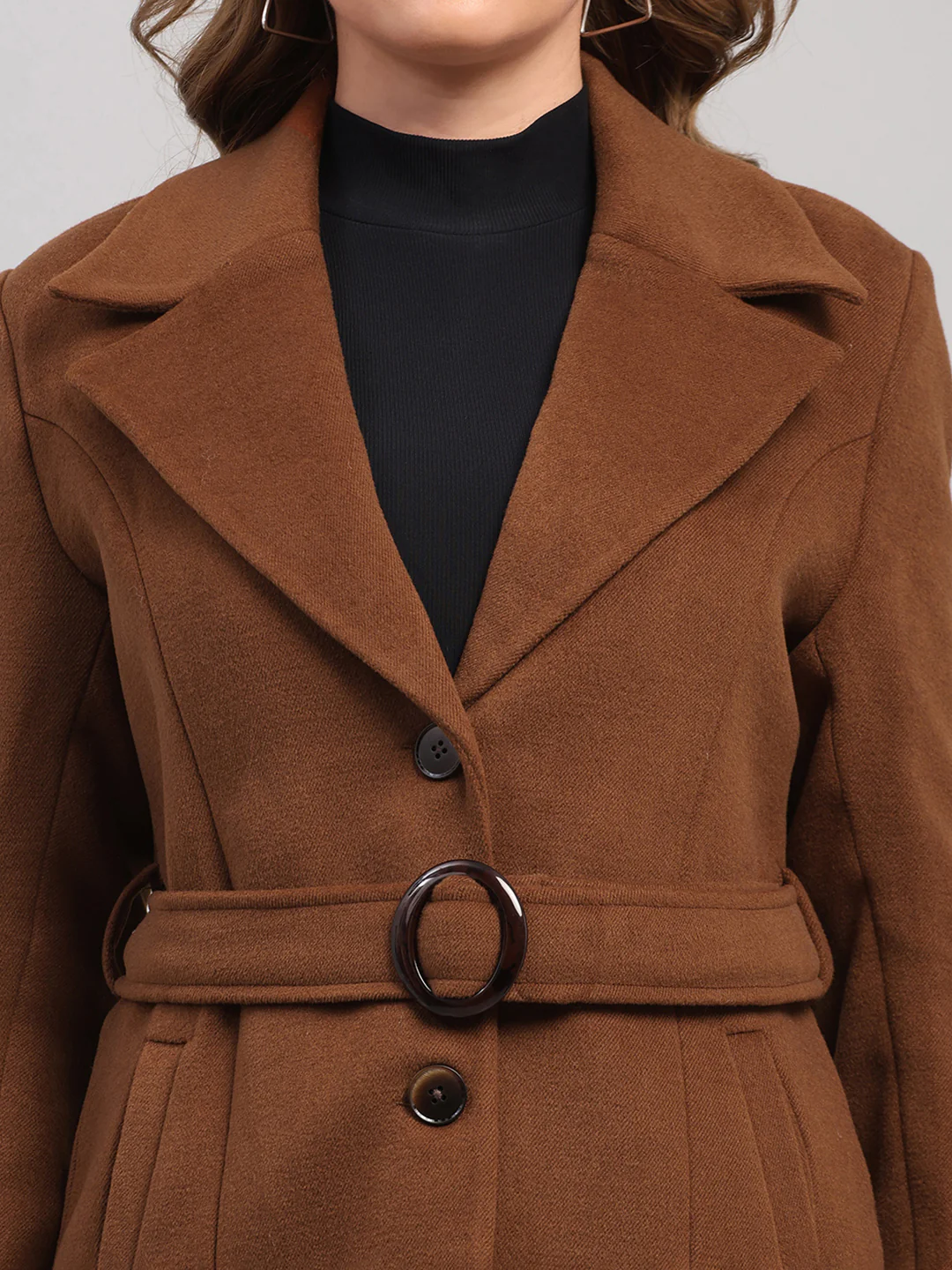 Women Brown Solid Collar Full Sleeve Coat - Image 6