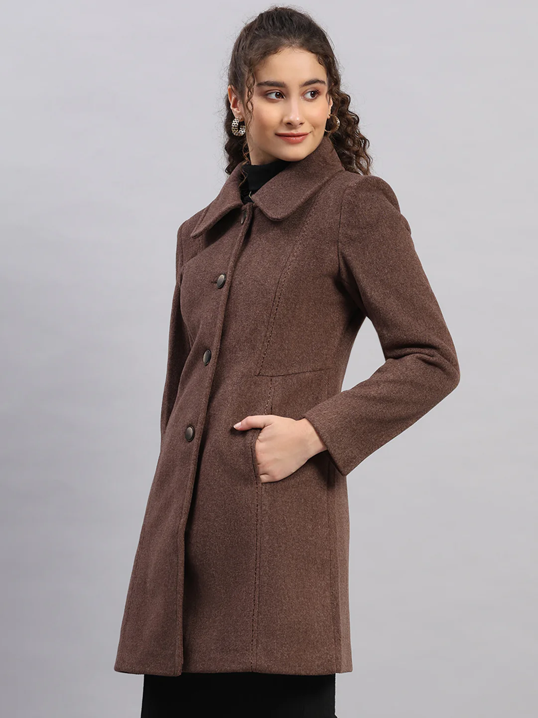 Women Brown Solid Collar Full Sleeve Coat - Image 3