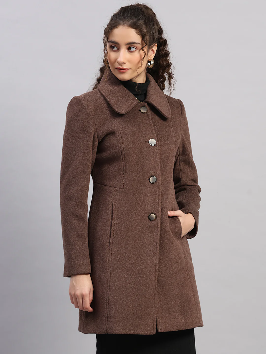 Women Brown Solid Collar Full Sleeve Coat - Image 4