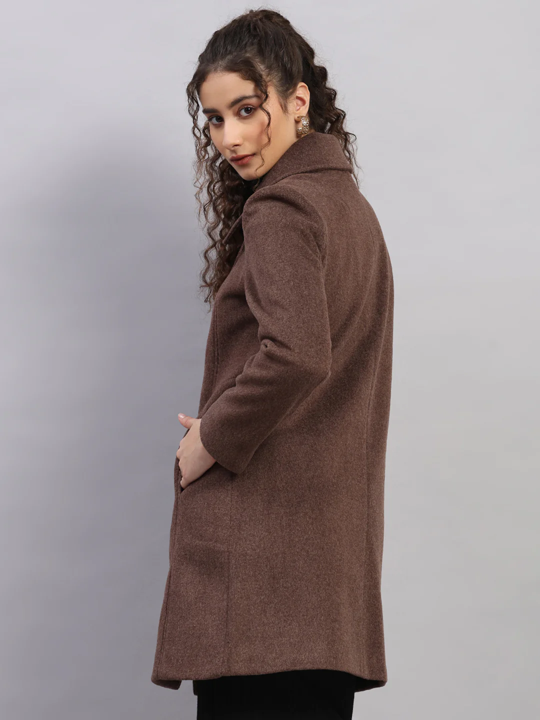 Women Brown Solid Collar Full Sleeve Coat - Image 5