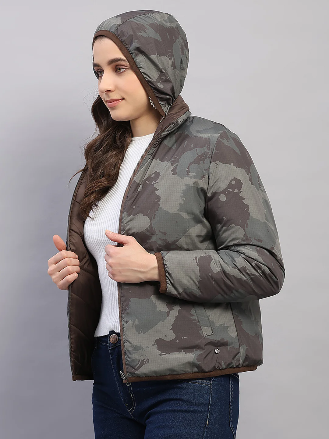 Women Brown Solid Collar Full Sleeve Reversible Jacket - Image 8
