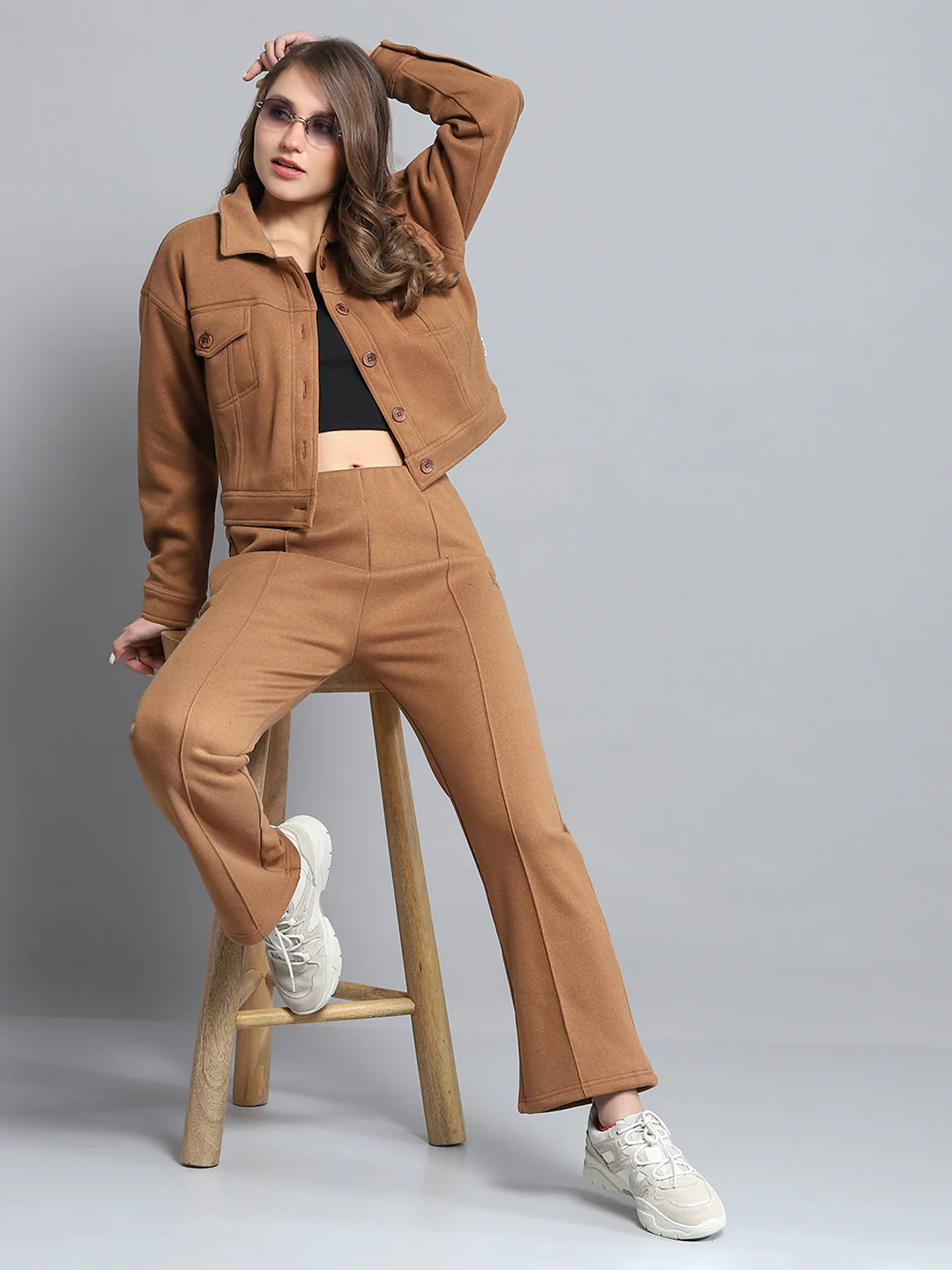 Rock.it Women Brown Solid Collar Full Sleeve Tracksuit - Image 2