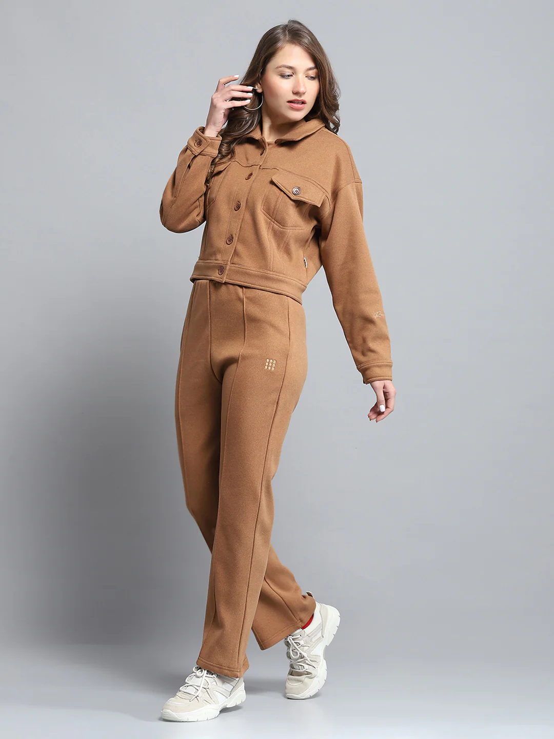 Rock.it Women Brown Solid Collar Full Sleeve Tracksuit - Image 3