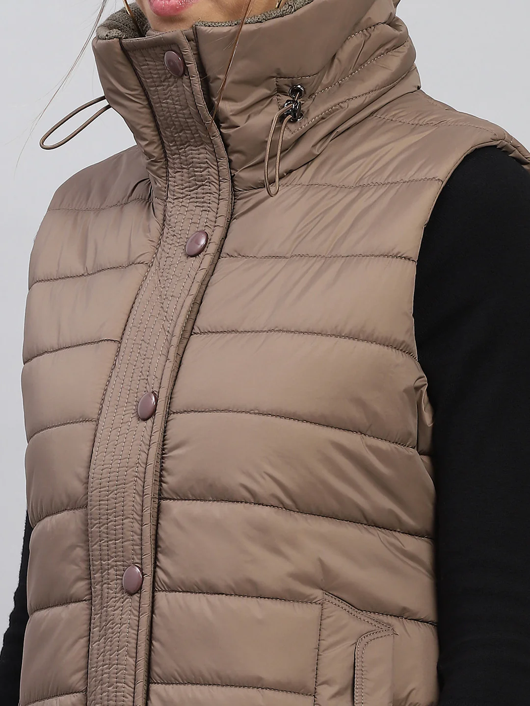 Women Brown Solid Collar Sleeveless Jacket - Image 6