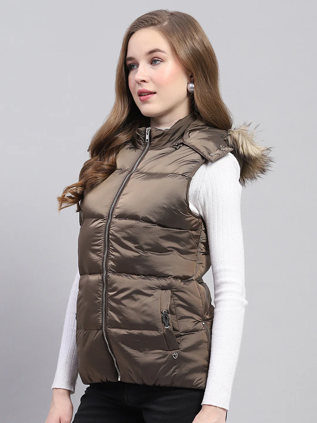 Women Brown Solid Detachable Hood Sleeveless Jacket - Image 3