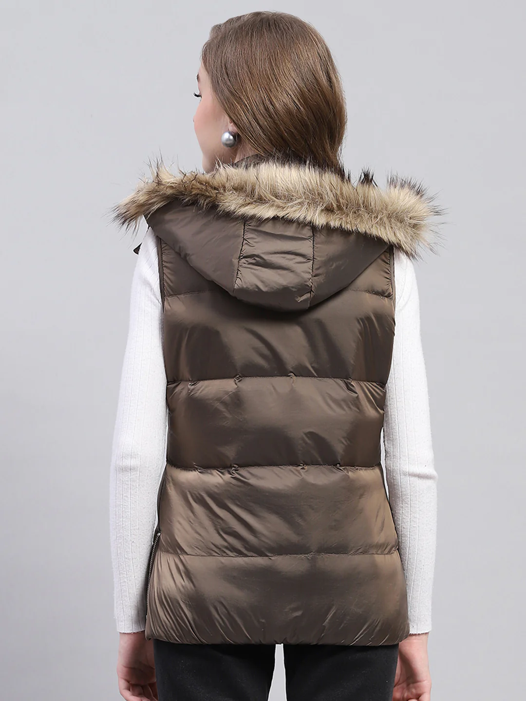 Women Brown Solid Detachable Hood Sleeveless Jacket - Image 5