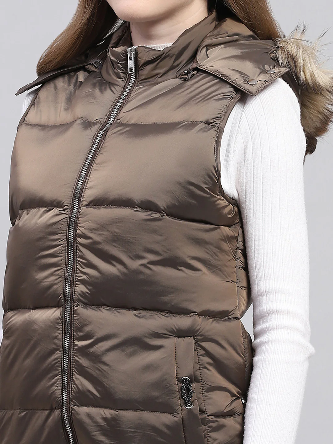Women Brown Solid Detachable Hood Sleeveless Jacket - Image 7