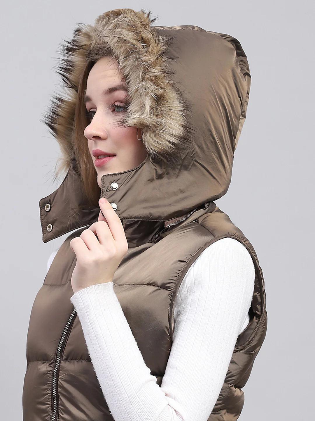 Women Brown Solid Detachable Hood Sleeveless Jacket - Image 8