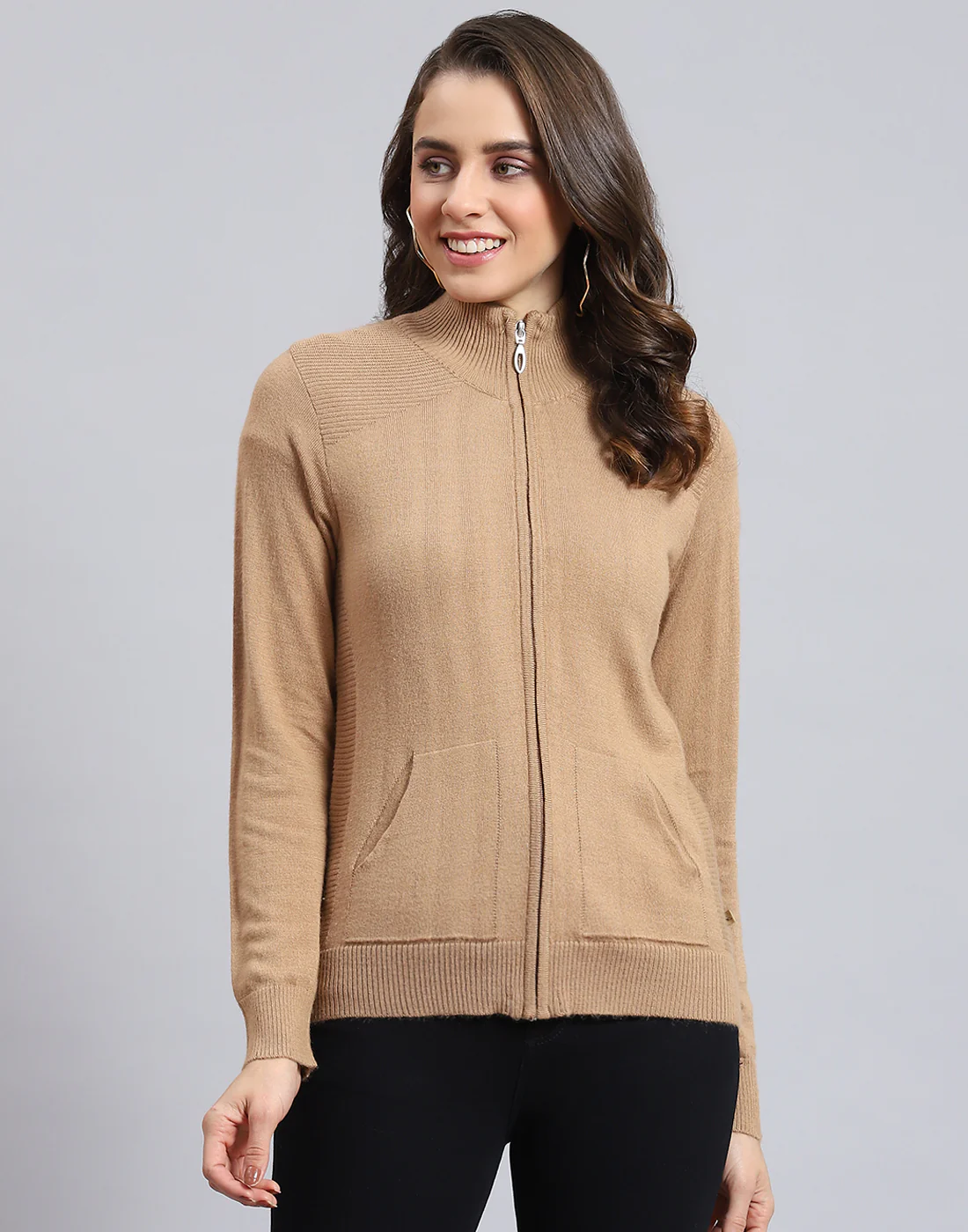 Women Brown Solid H Neck Full Sleeve Cardigan - Image 3