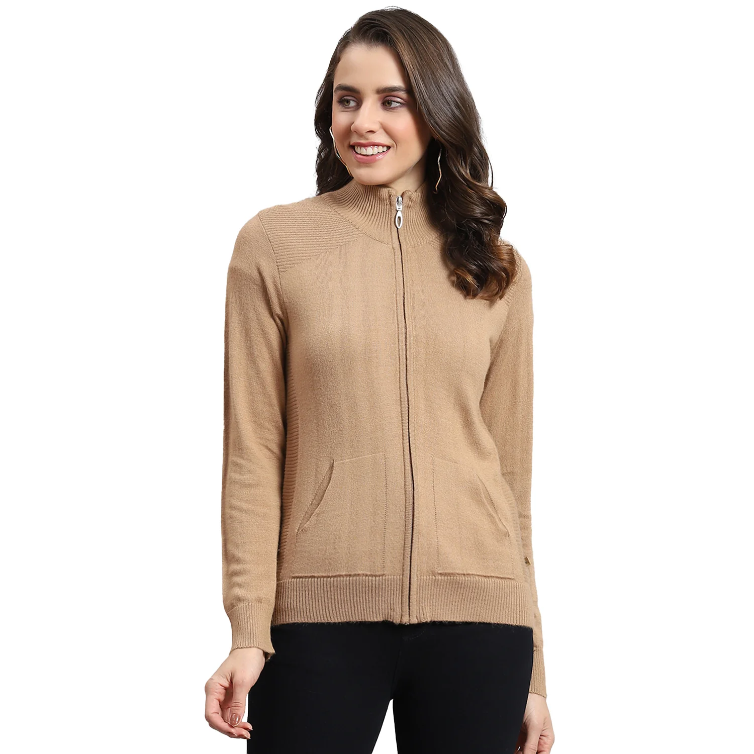 Women Brown Solid H Neck Full Sleeve Cardigan - Image 5