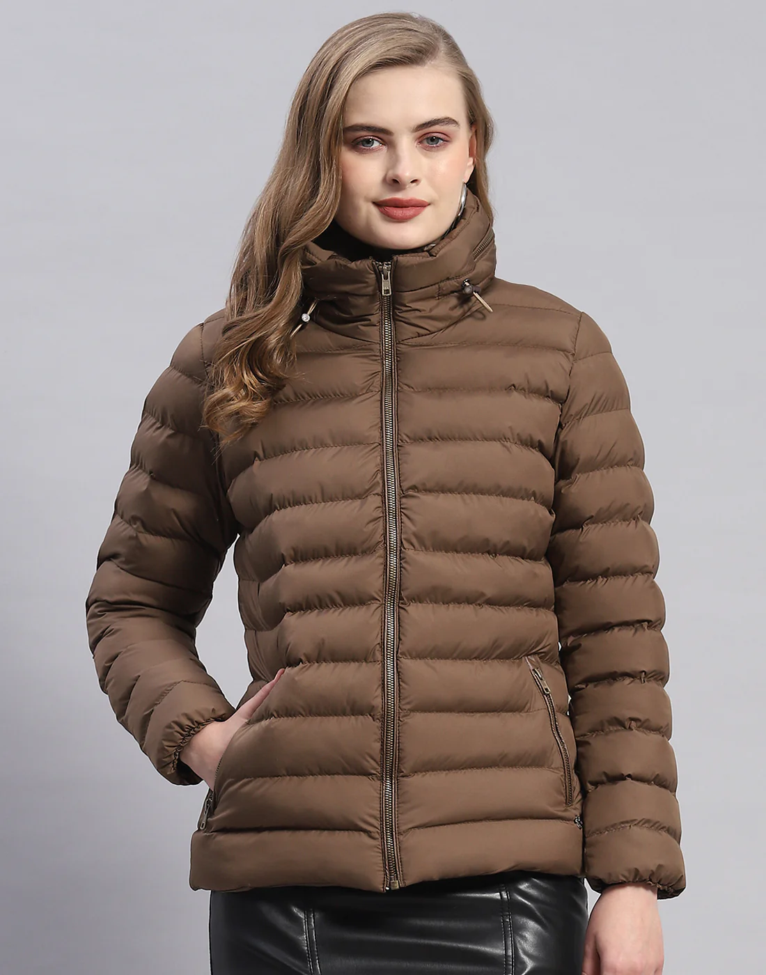 Women Brown Solid H Neck Full Sleeve Jacket - Image 2