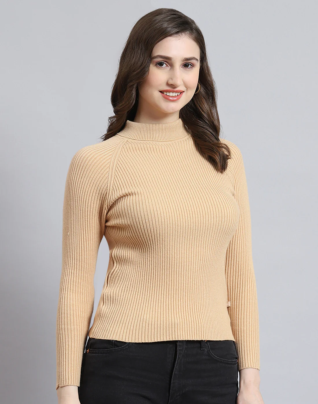Women Brown Solid H Neck Full Sleeve Sweater - Image 4