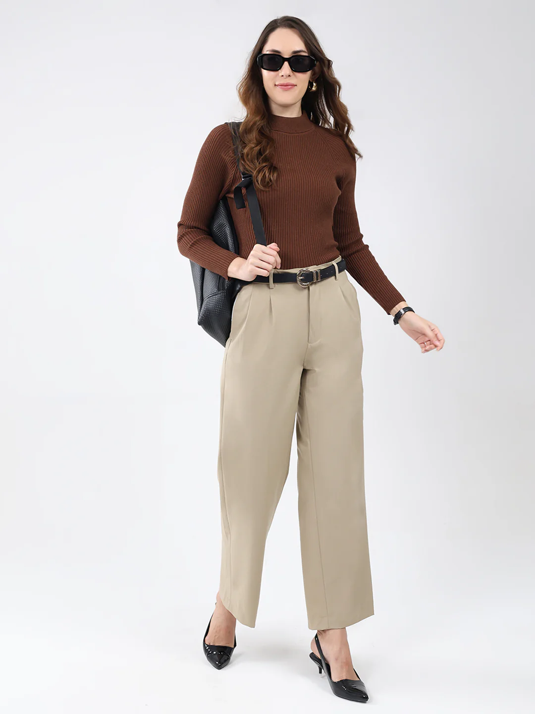 Women Brown Solid High Neck Full Sleeve Sceavy - Image 2