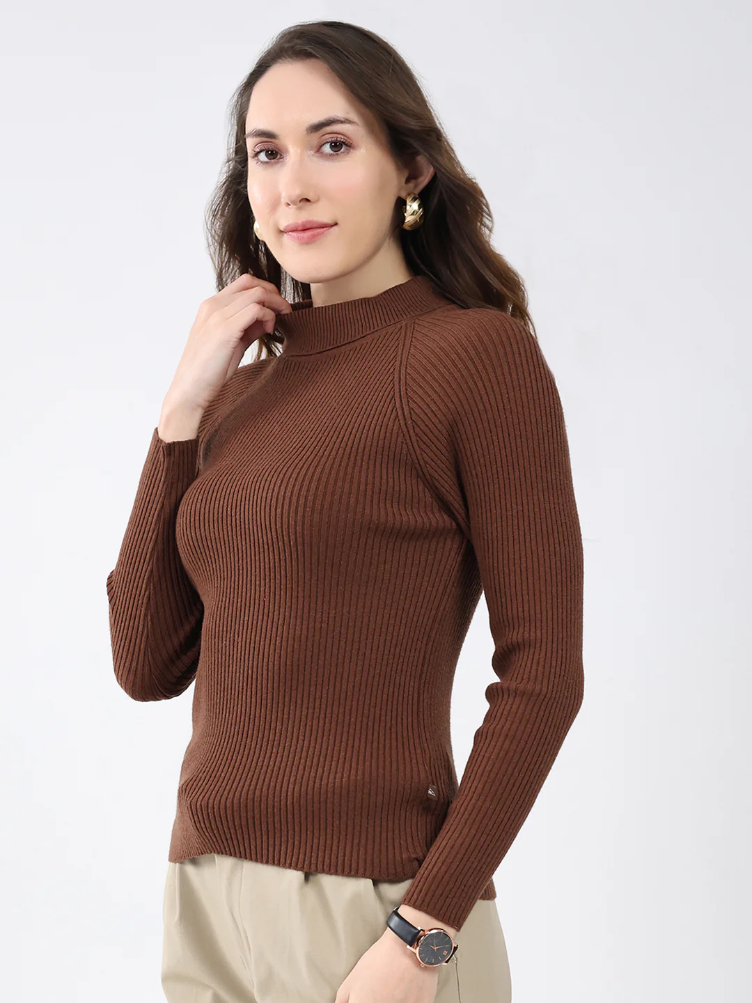Women Brown Solid High Neck Full Sleeve Sceavy - Image 3