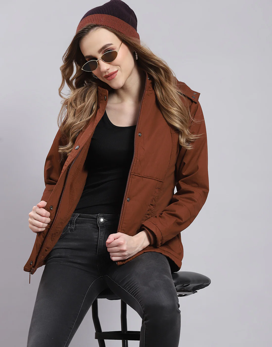 Women Brown Solid Hooded Full Sleeve Jacket - Image 6