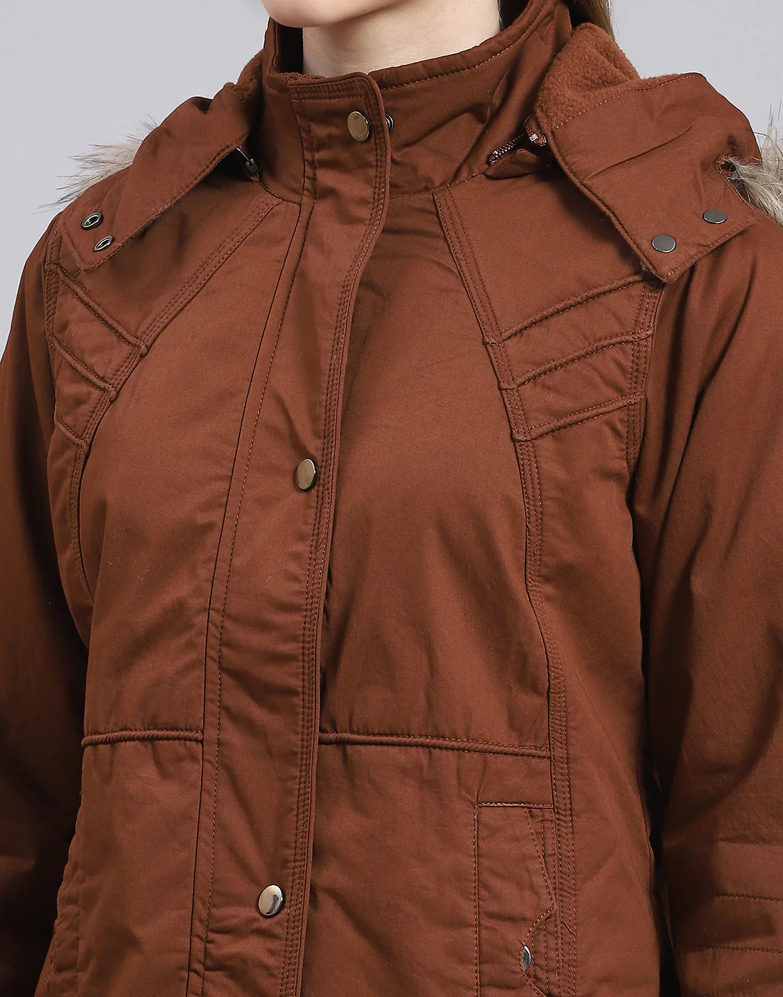 Women Brown Solid Hooded Full Sleeve Jacket - Image 7