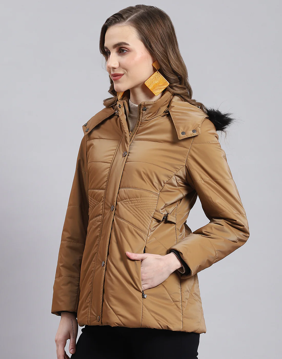 Women Brown Solid Hooded Full Sleeve Jacket - Image 3