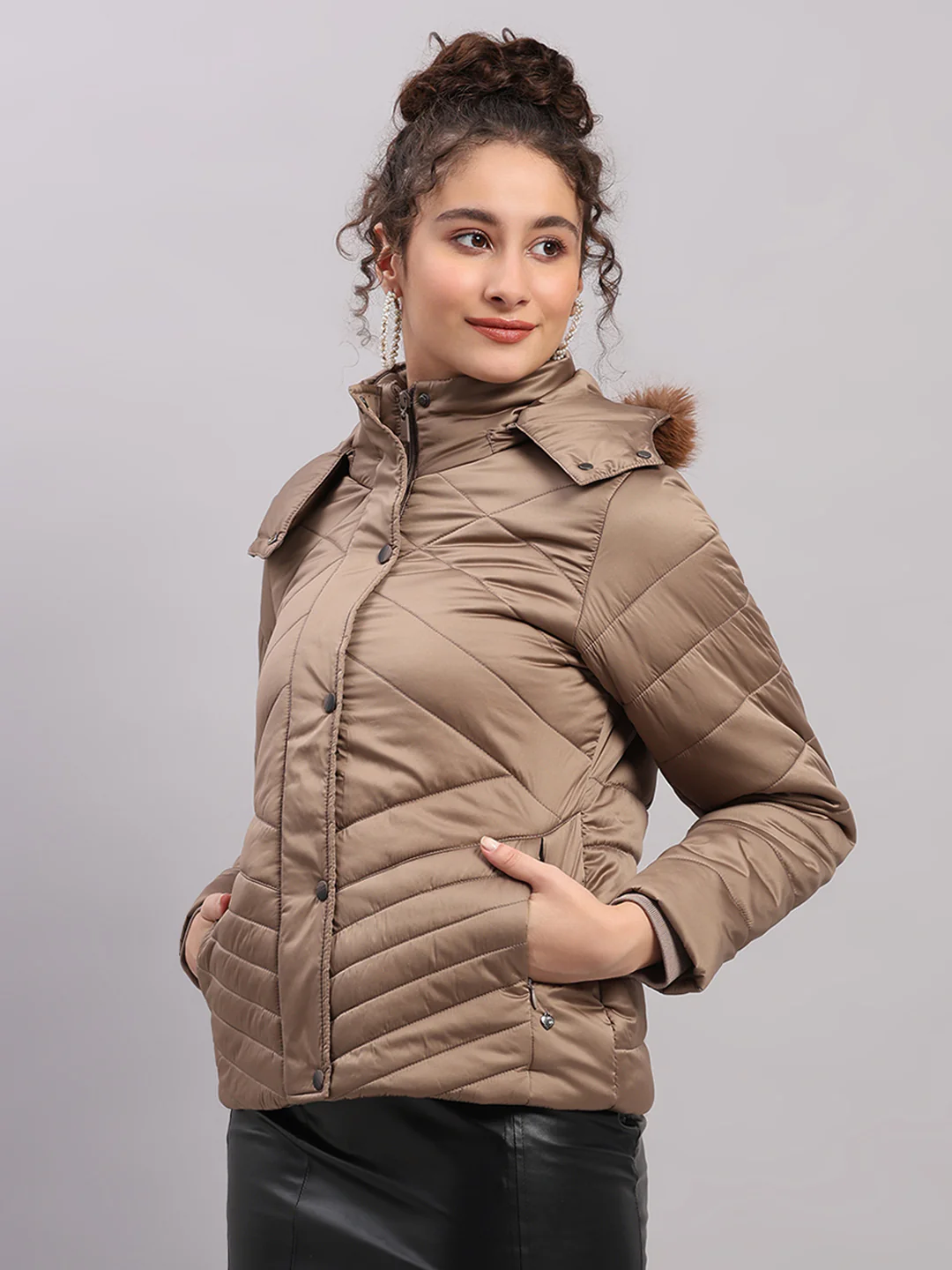 Women Brown Solid Hooded Full Sleeve Jacket - Image 3