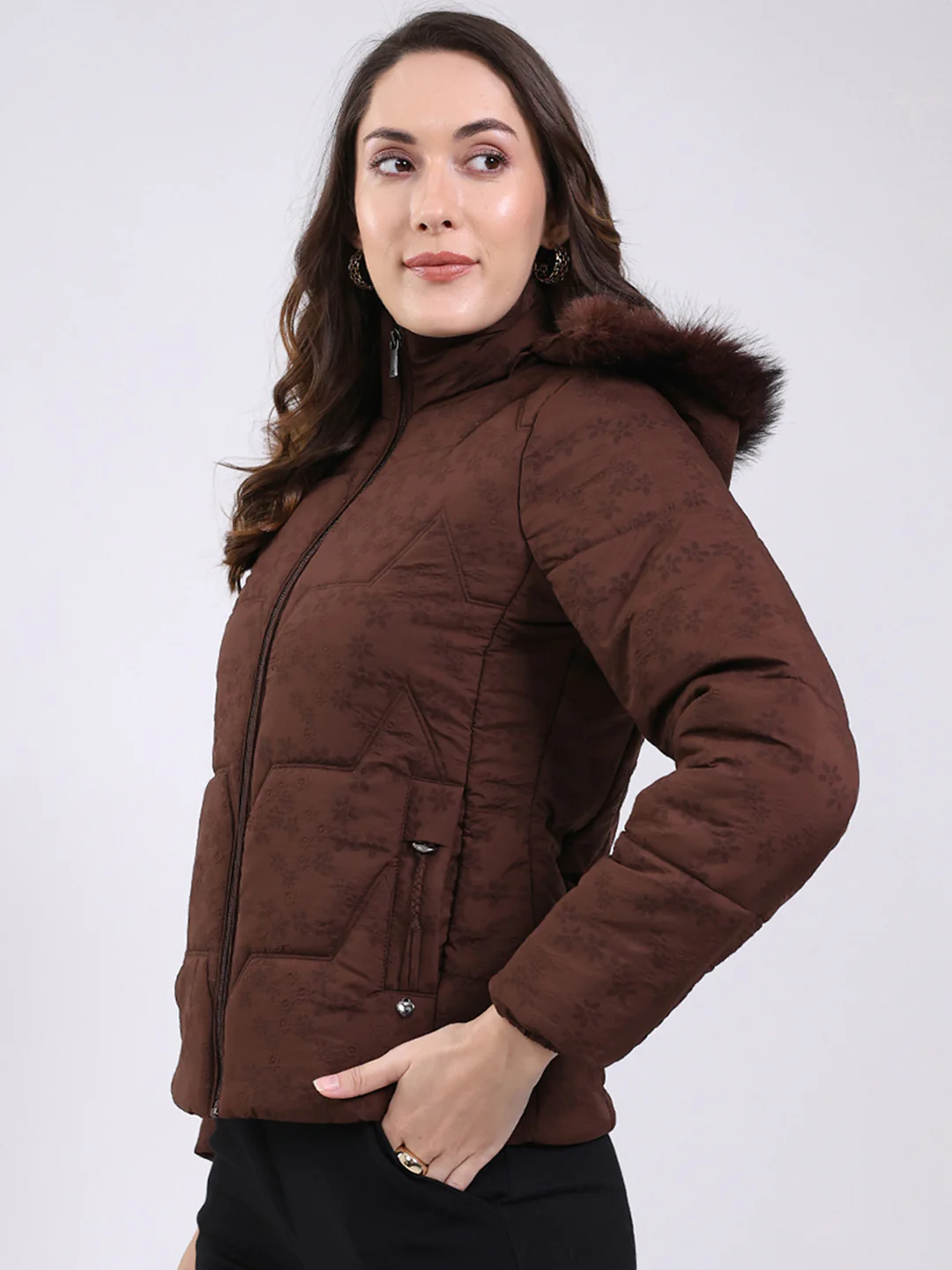 Women Brown Solid Hooded Full Sleeve Jacket - Image 3