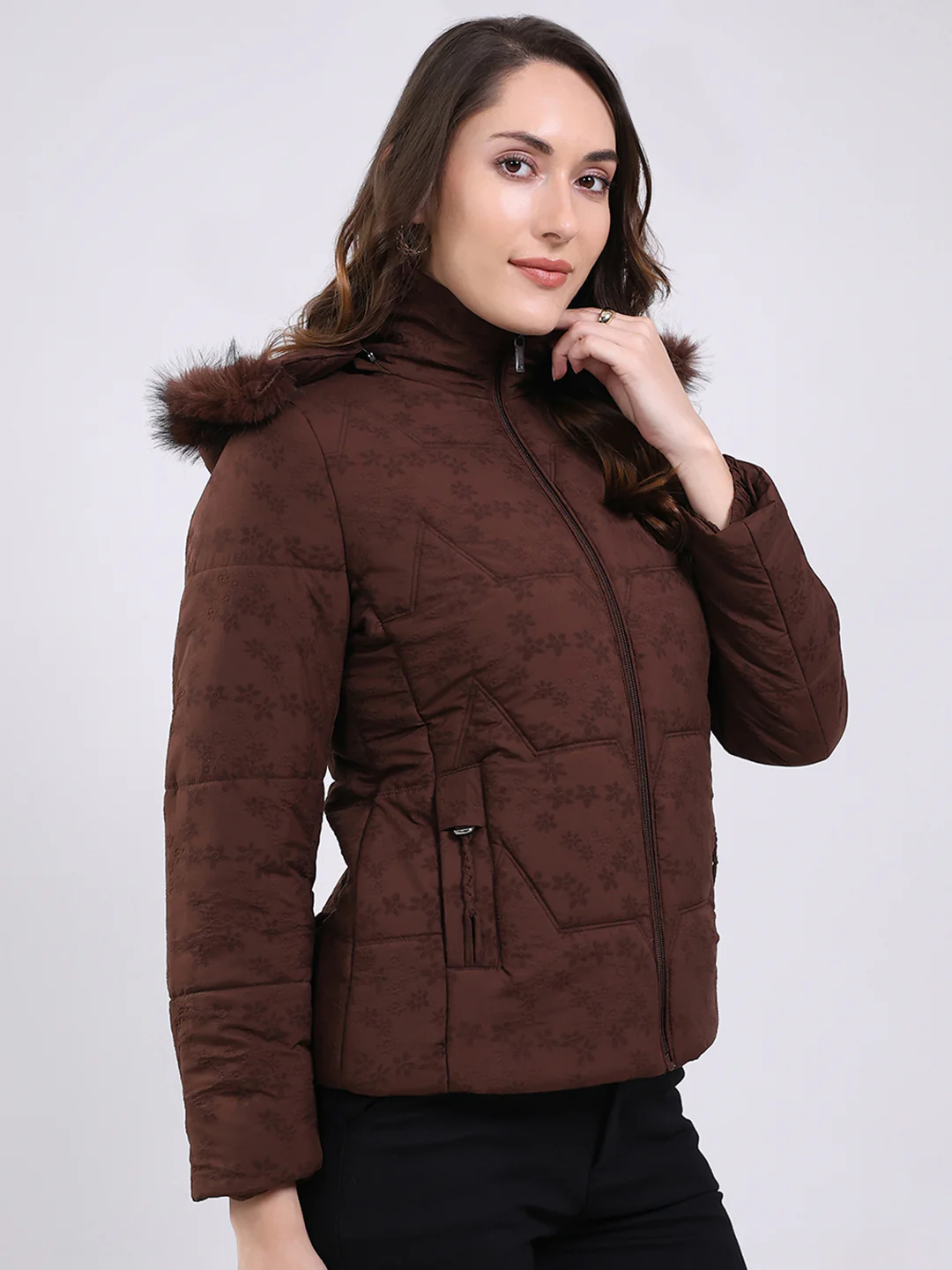 Women Brown Solid Hooded Full Sleeve Jacket - Image 4