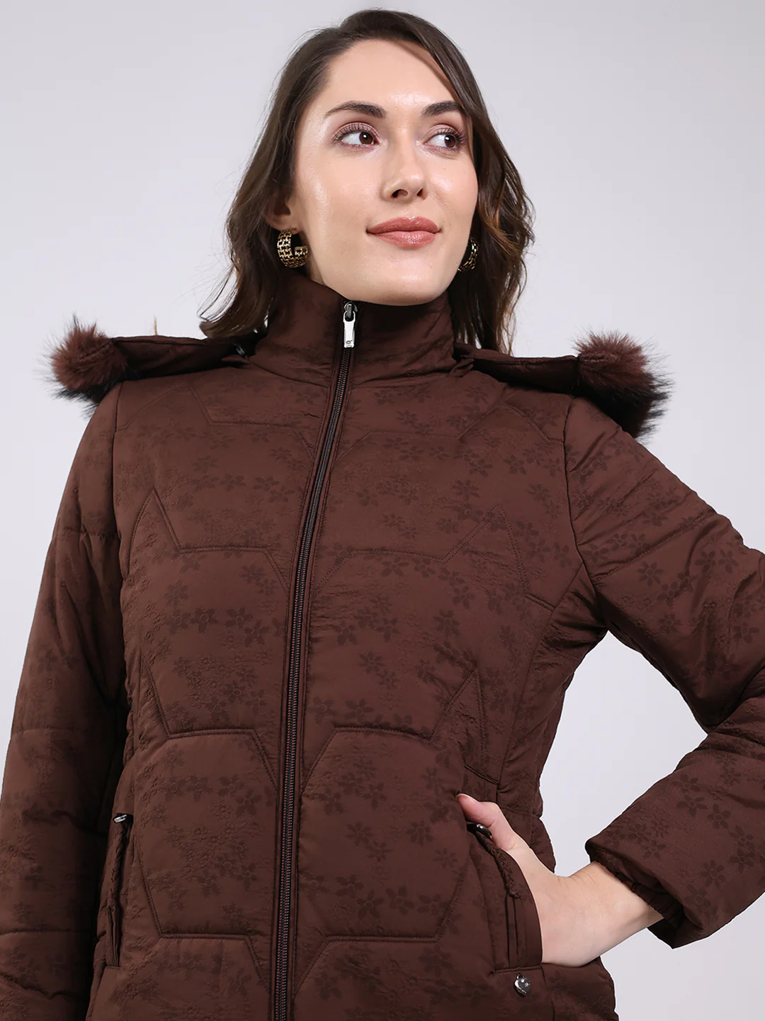 Women Brown Solid Hooded Full Sleeve Jacket - Image 6