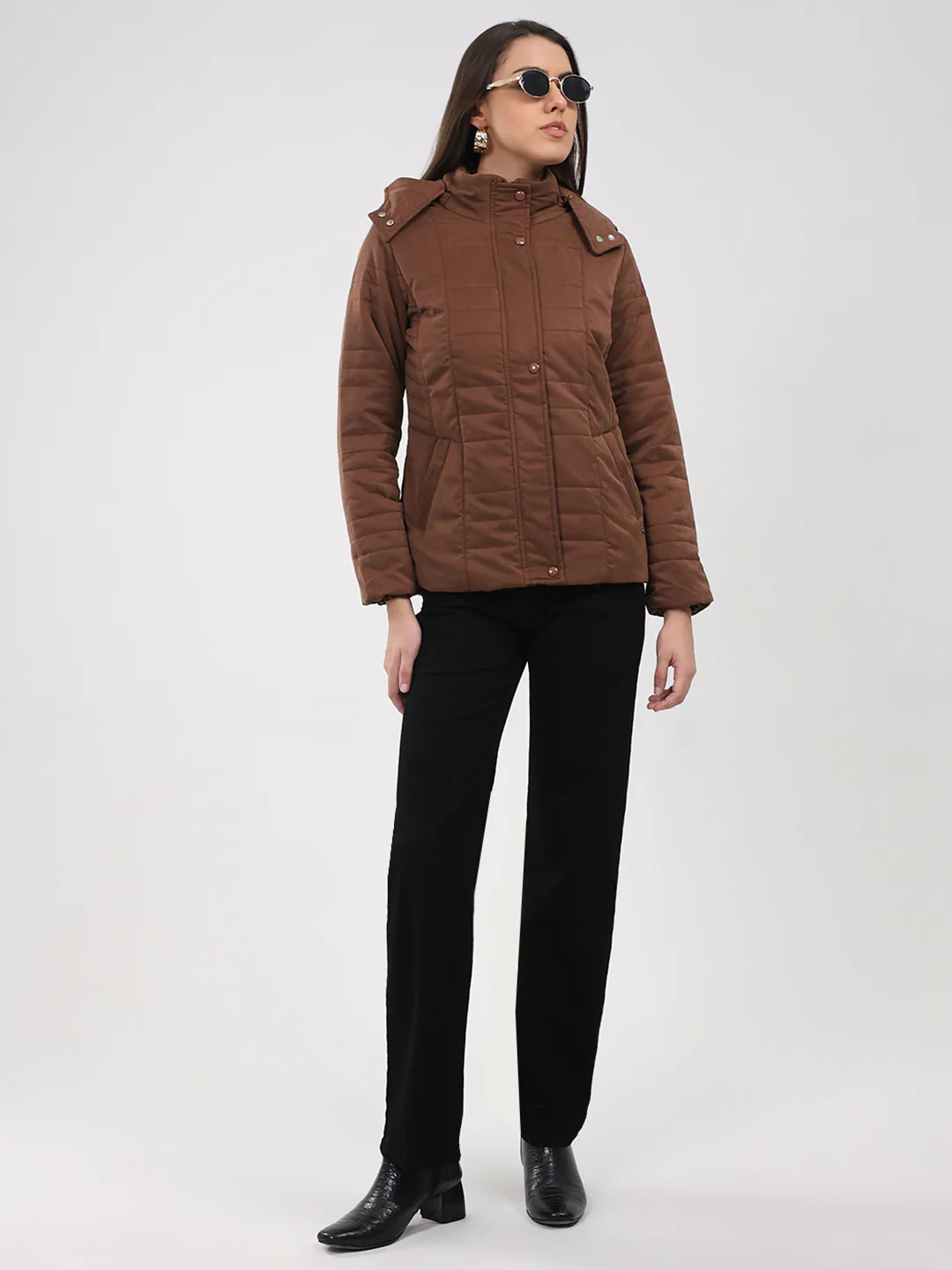 Women Brown Solid Hooded Full Sleeve Jacket - Image 2