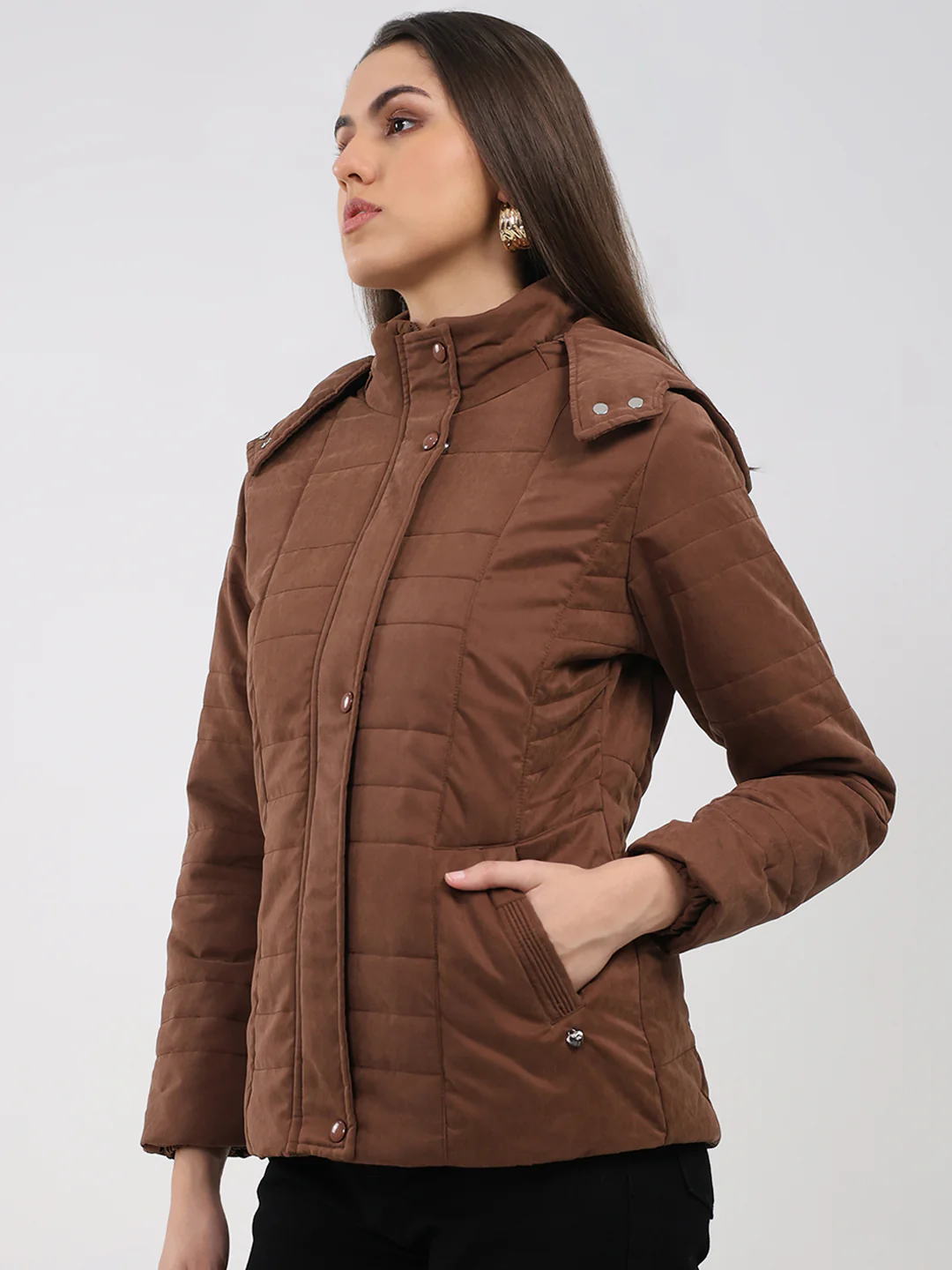 Women Brown Solid Hooded Full Sleeve Jacket - Image 3