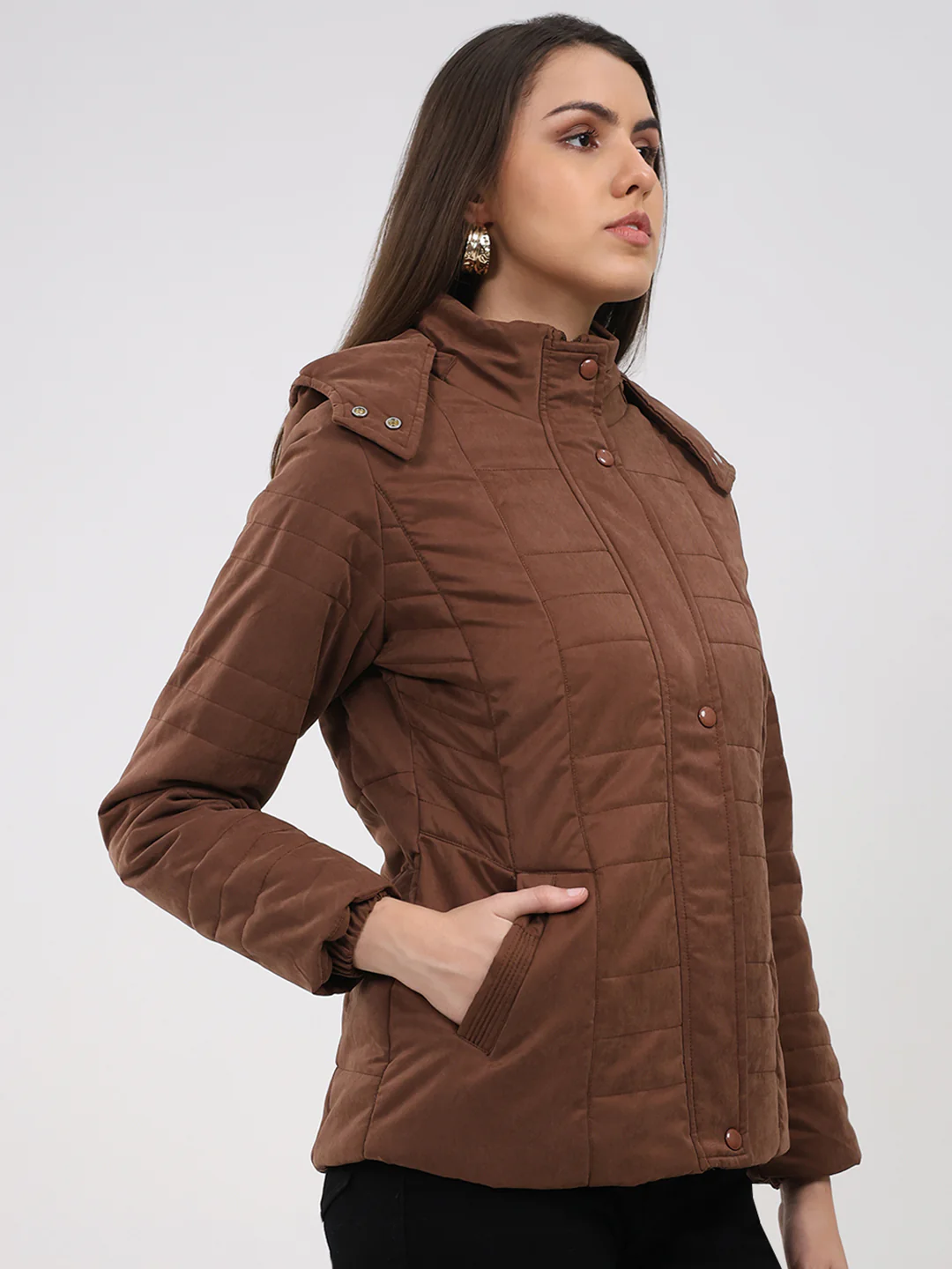 Women Brown Solid Hooded Full Sleeve Jacket - Image 4