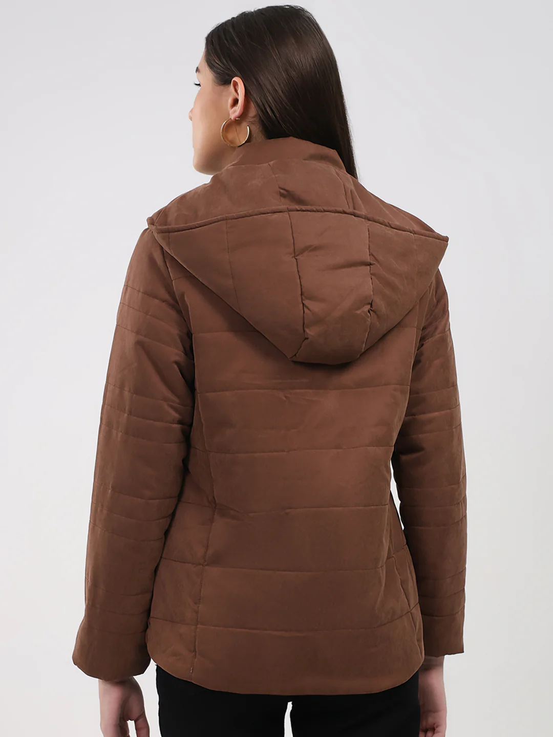 Women Brown Solid Hooded Full Sleeve Jacket - Image 5
