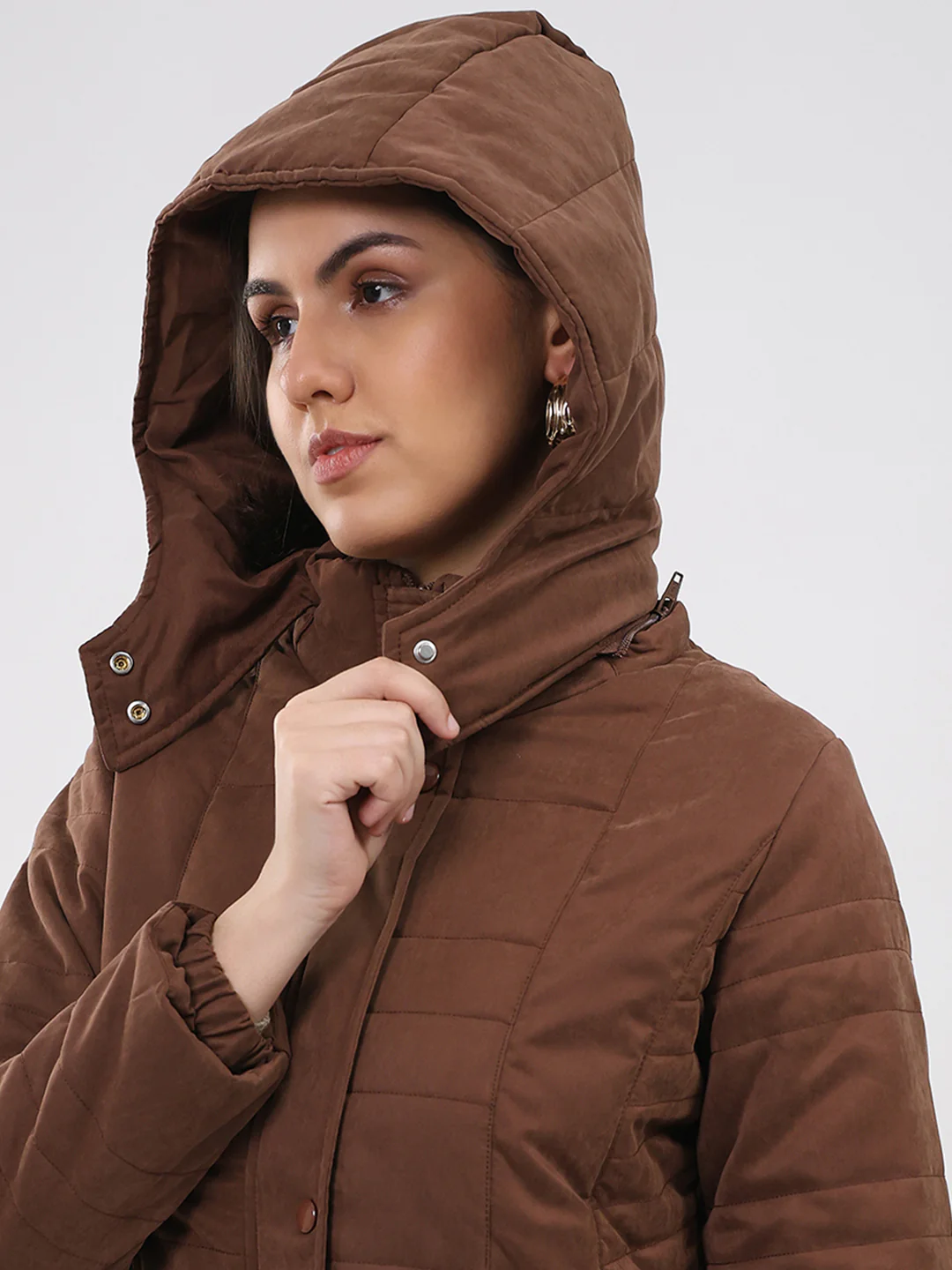 Women Brown Solid Hooded Full Sleeve Jacket - Image 6