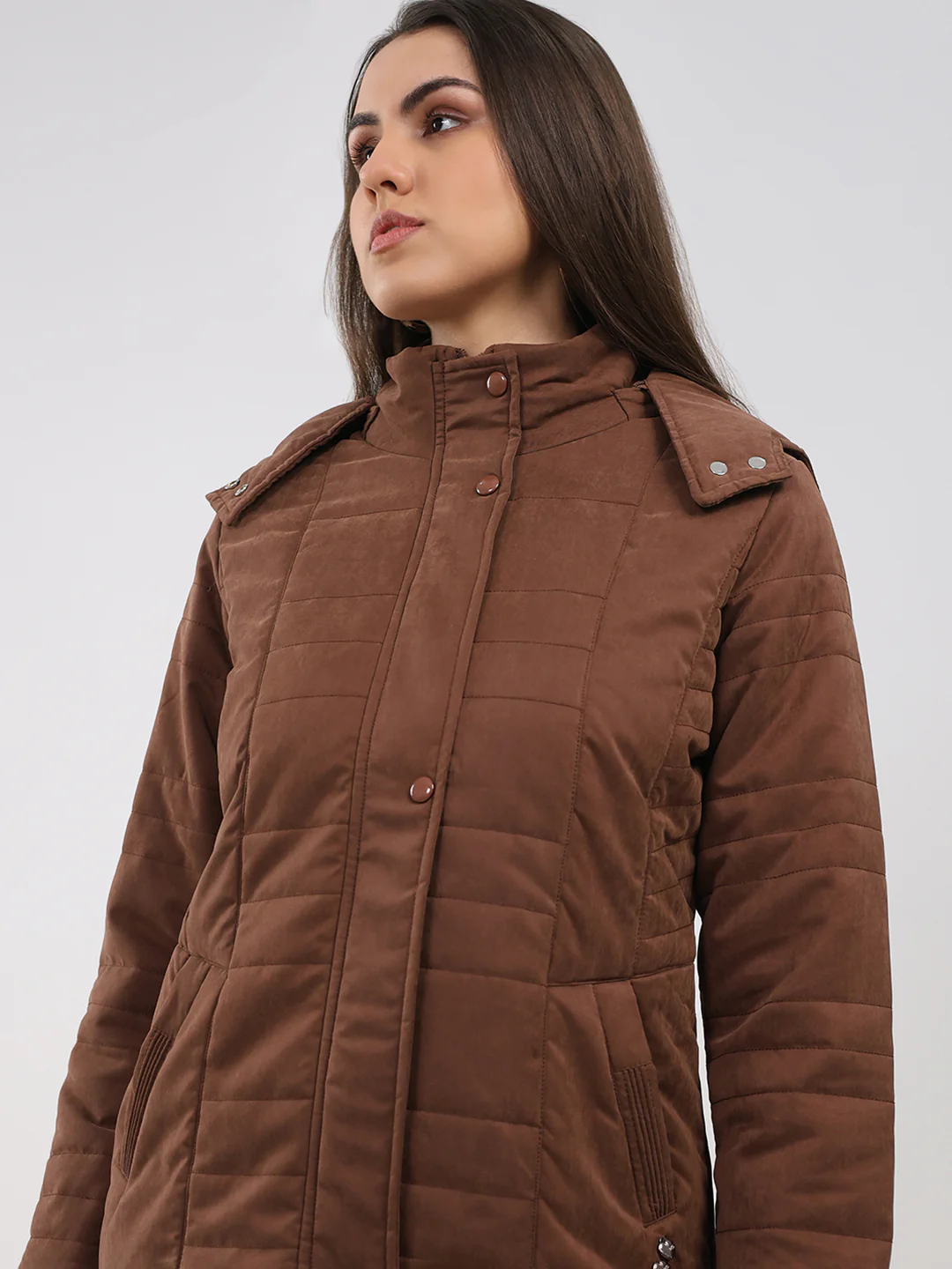 Women Brown Solid Hooded Full Sleeve Jacket - Image 7