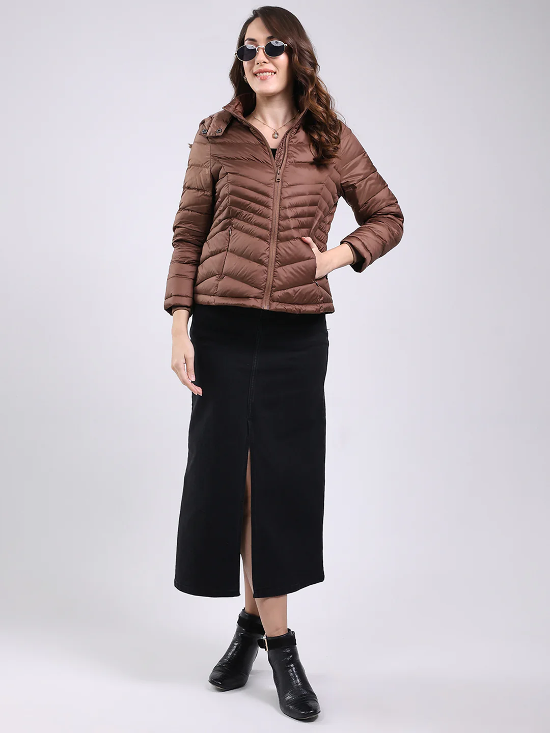 Women Brown Solid Hooded Full Sleeve Jacket - Image 2