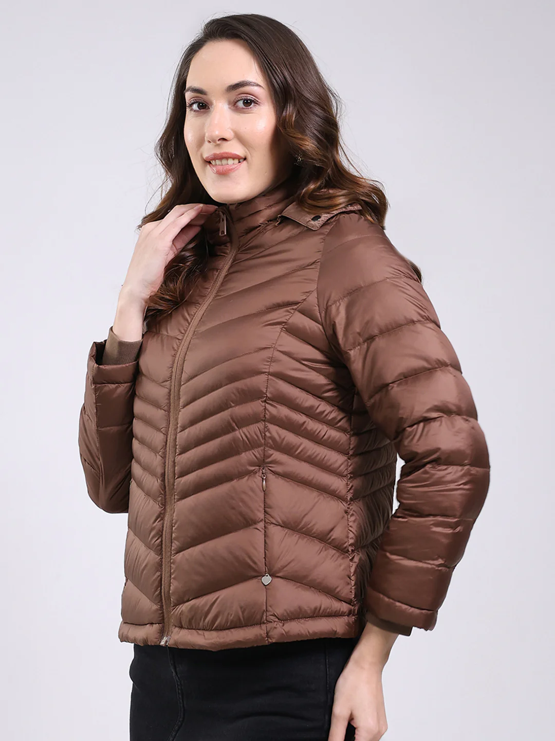 Women Brown Solid Hooded Full Sleeve Jacket - Image 3