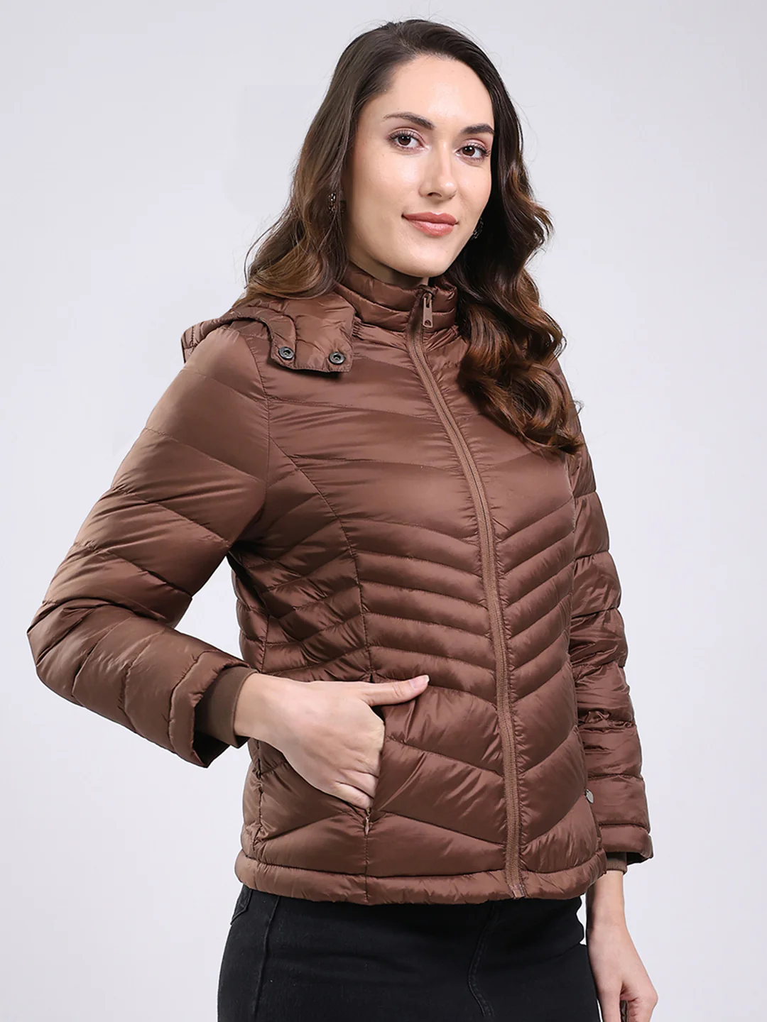 Women Brown Solid Hooded Full Sleeve Jacket - Image 4