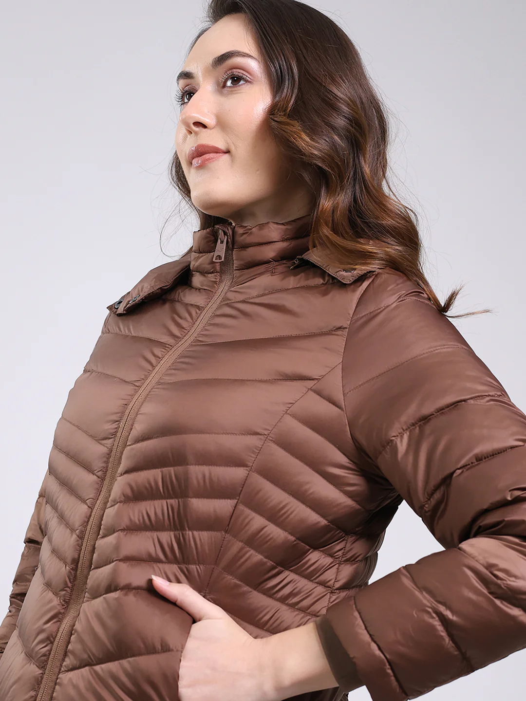Women Brown Solid Hooded Full Sleeve Jacket - Image 7