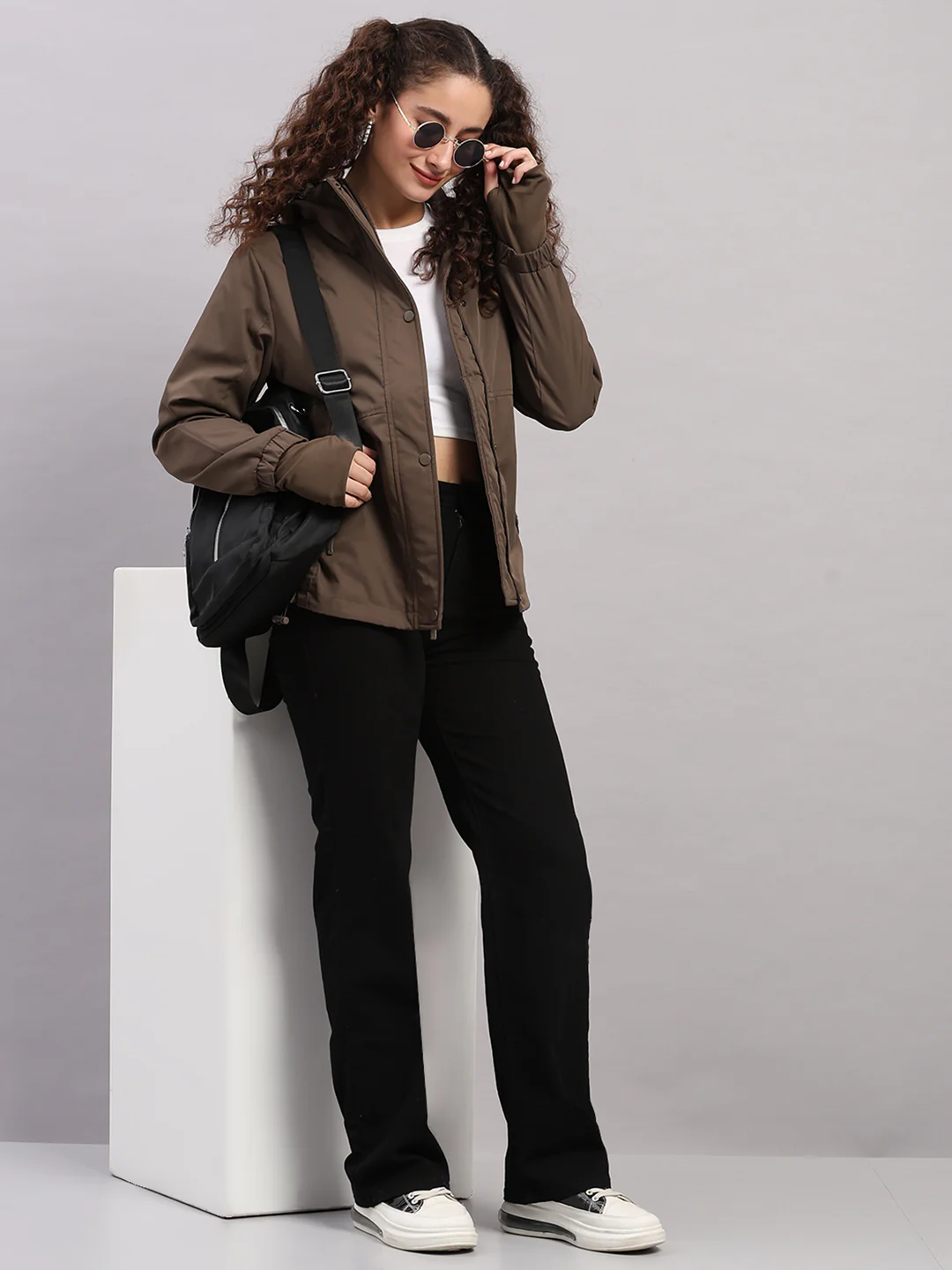 Women Brown Solid Hooded Full Sleeve Jacket - Image 2