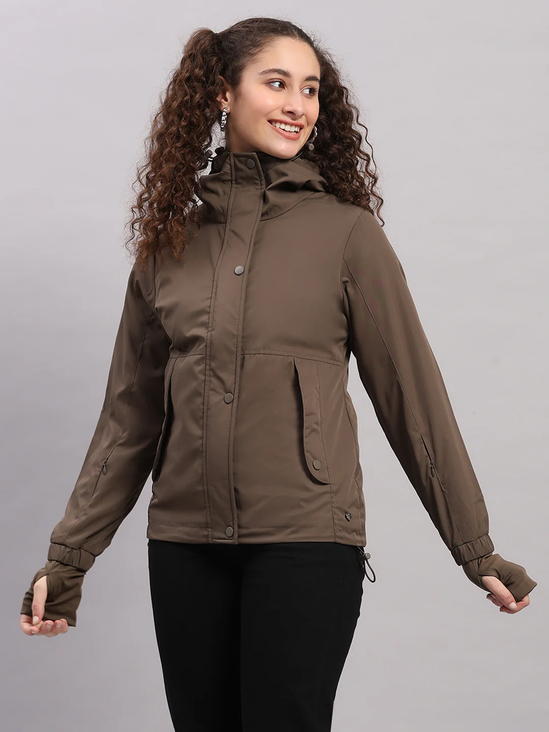 Women Brown Solid Hooded Full Sleeve Jacket - Image 3