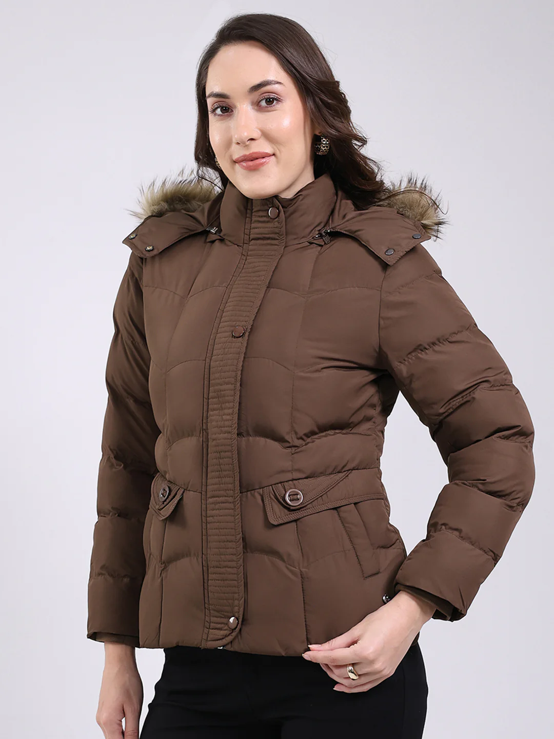 Women Brown Solid Hooded Full Sleeve Jacket - Image 3