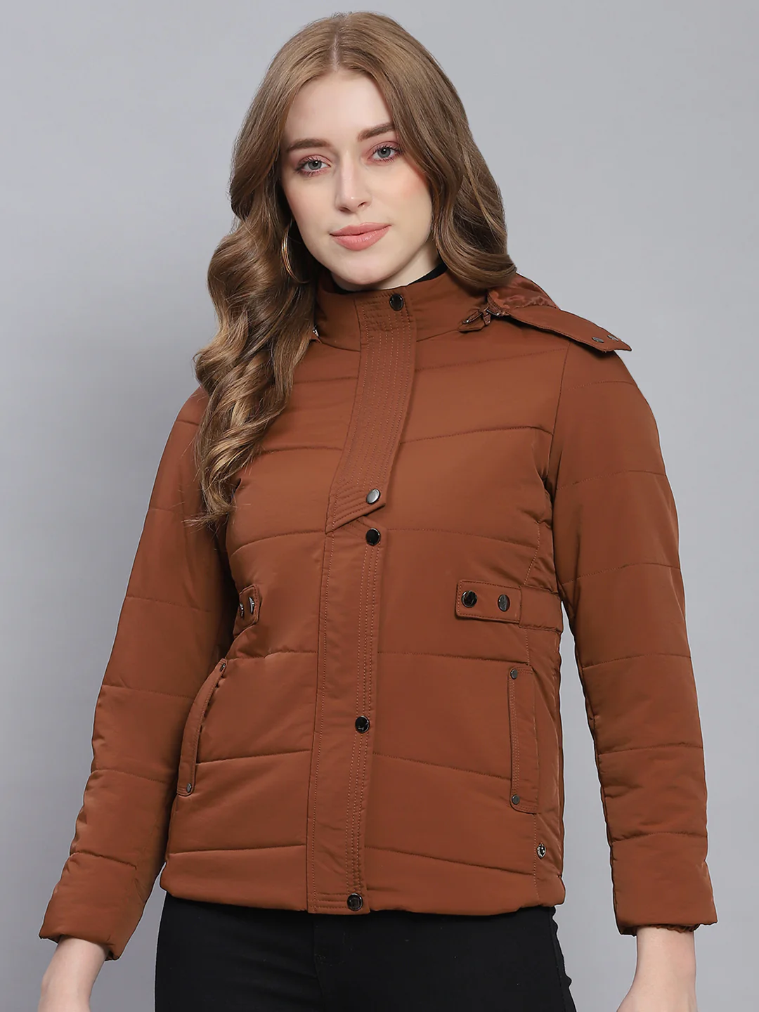Women Brown Solid Hooded Full Sleeve Jackets - Image 2
