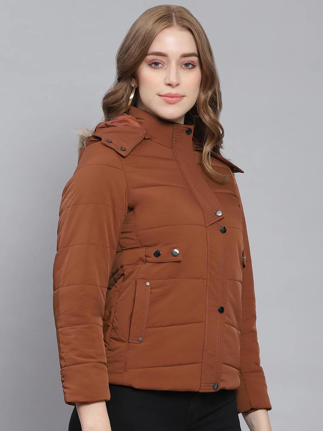 Women Brown Solid Hooded Full Sleeve Jackets - Image 4