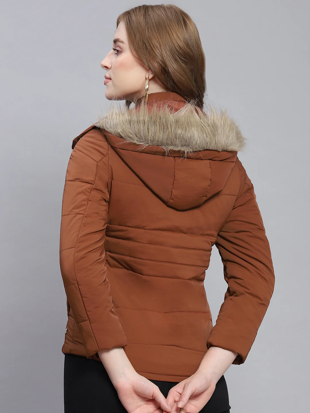 Women Brown Solid Hooded Full Sleeve Jackets - Image 6