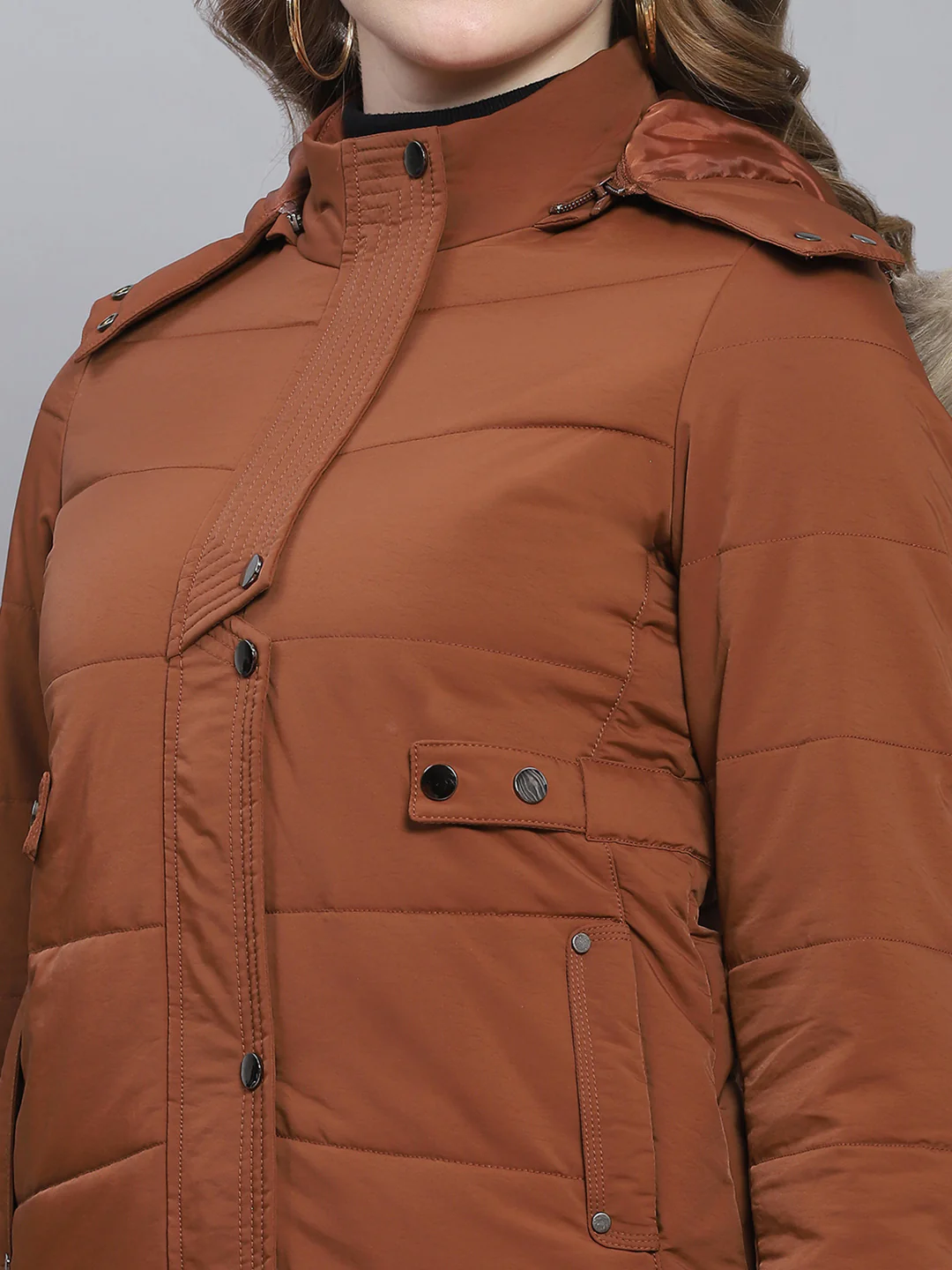 Women Brown Solid Hooded Full Sleeve Jackets - Image 7
