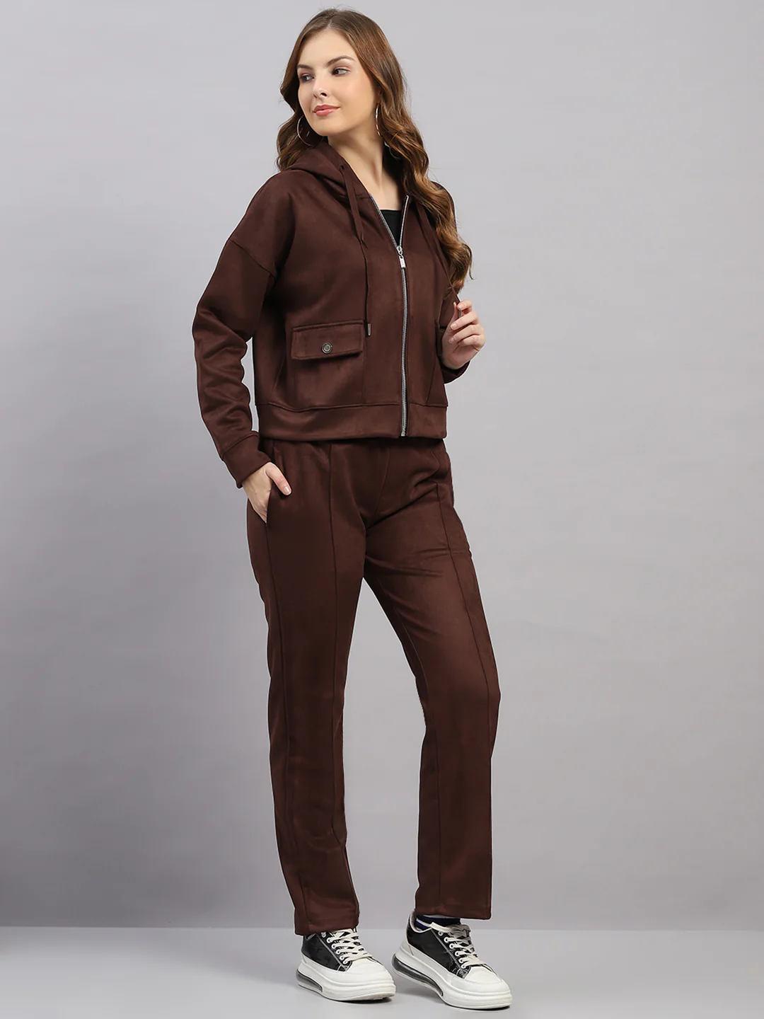 Women Brown Solid Hooded Full Sleeve Winter Tracksuit - Image 4