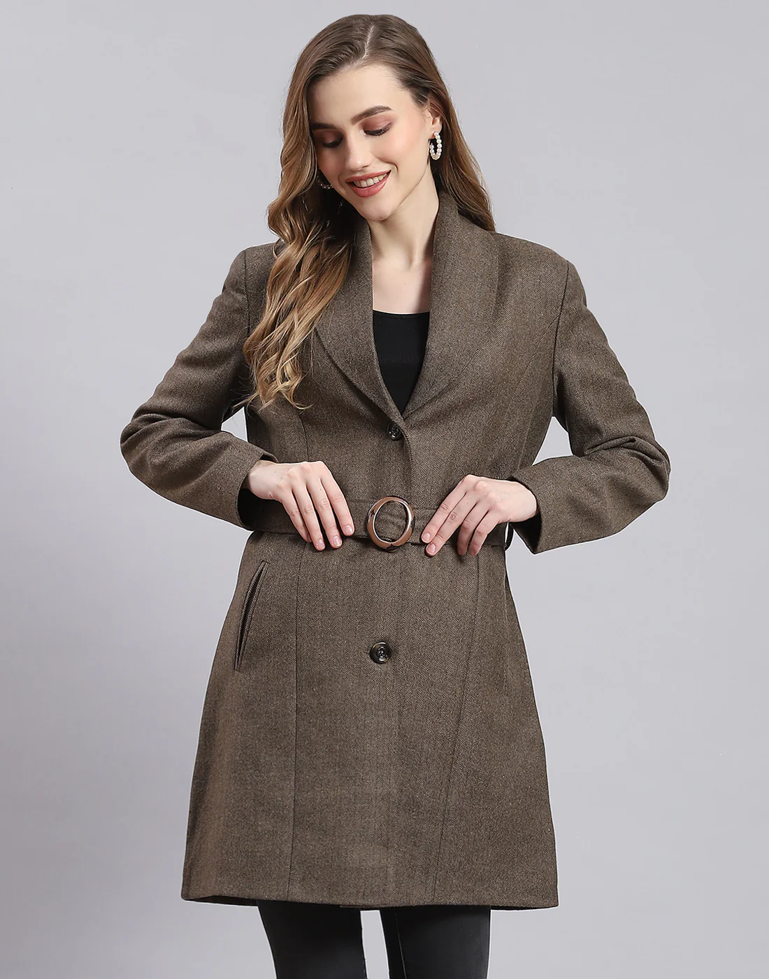 Women Brown Solid Lapel Collar Full Sleeve Coat - Image 2