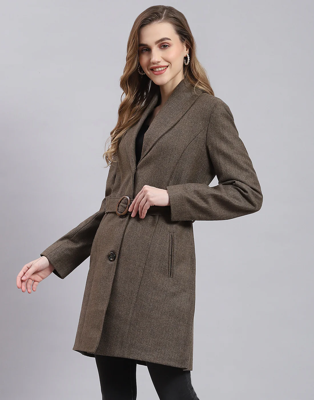 Women Brown Solid Lapel Collar Full Sleeve Coat - Image 3