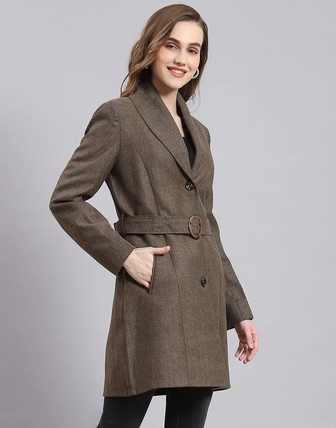 Women Brown Solid Lapel Collar Full Sleeve Coat - Image 4