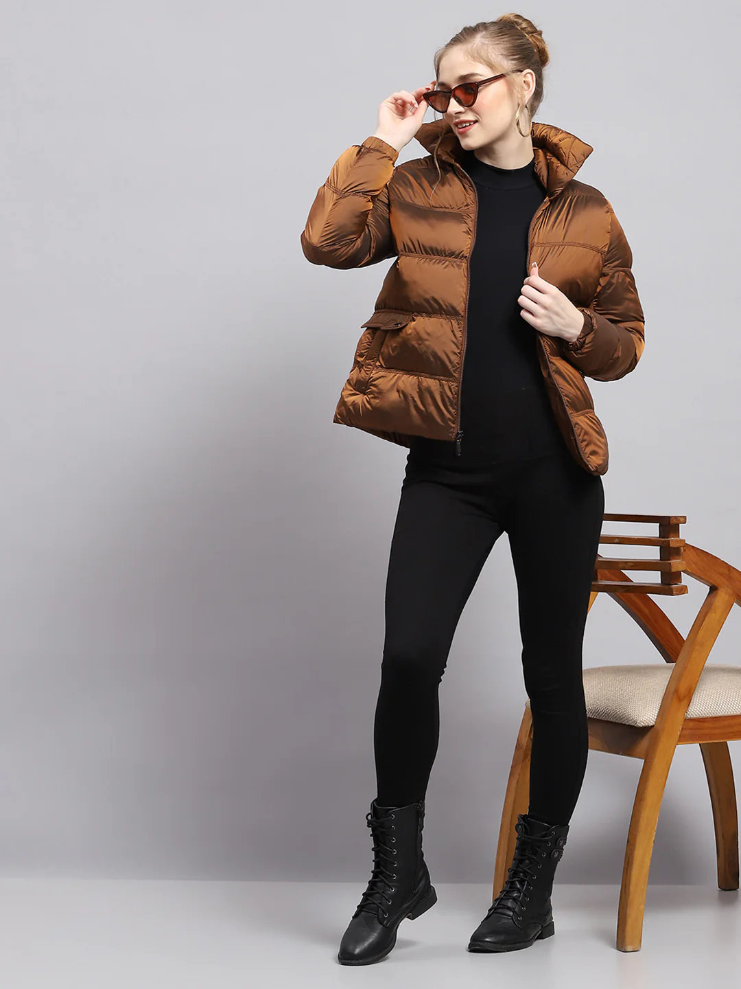 Women Brown Solid Mock Neck Full Sleeve Jacket - Image 2
