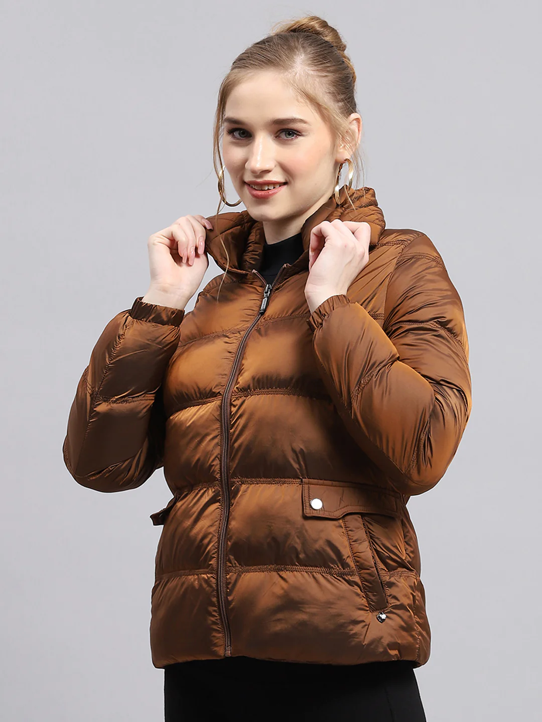 Women Brown Solid Mock Neck Full Sleeve Jacket - Image 3