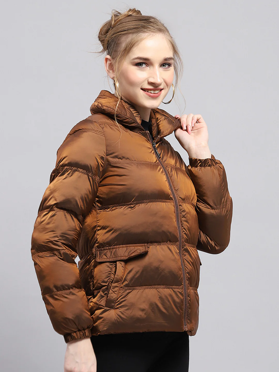 Women Brown Solid Mock Neck Full Sleeve Jacket - Image 4