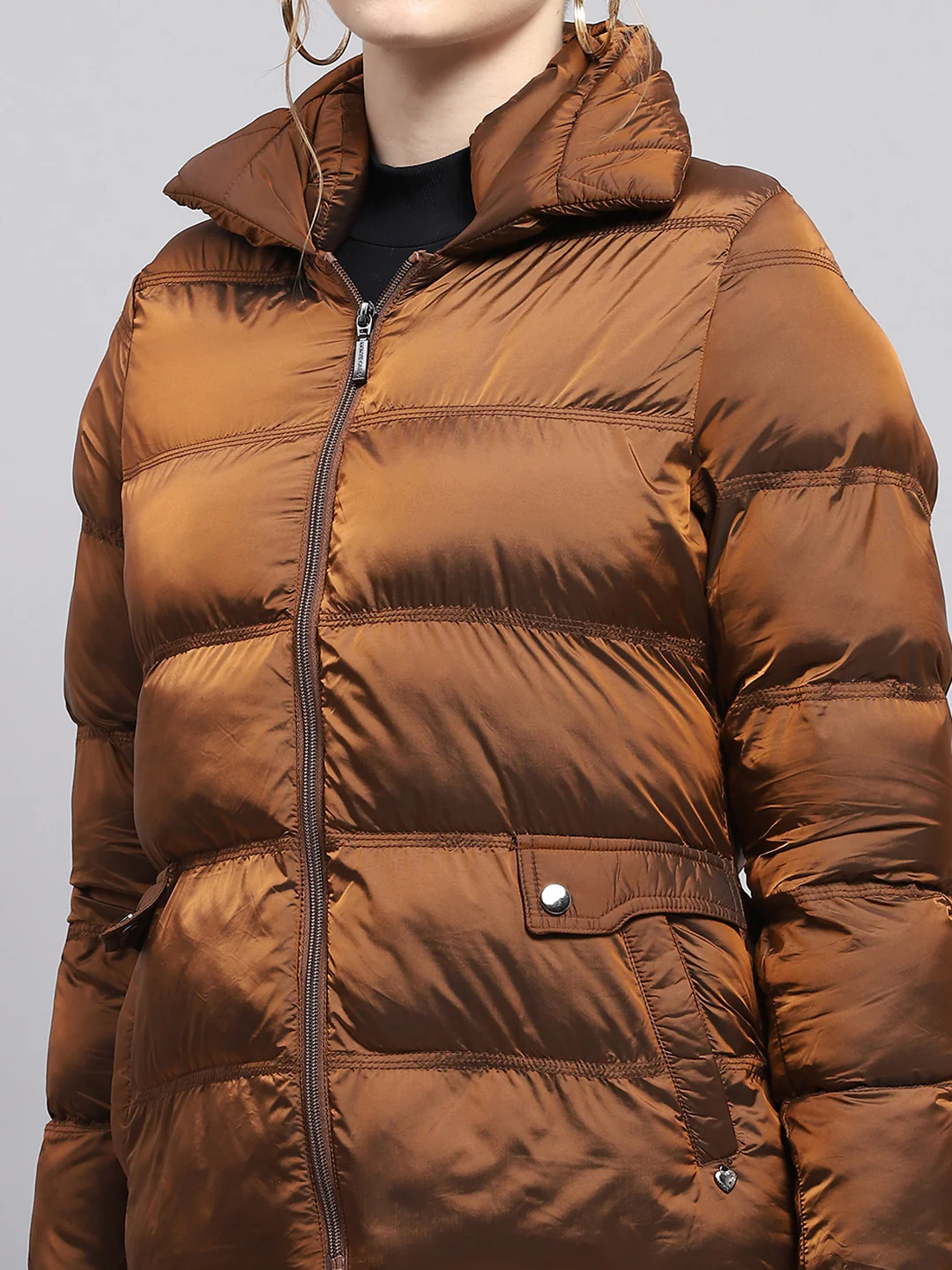 Women Brown Solid Mock Neck Full Sleeve Jacket - Image 6